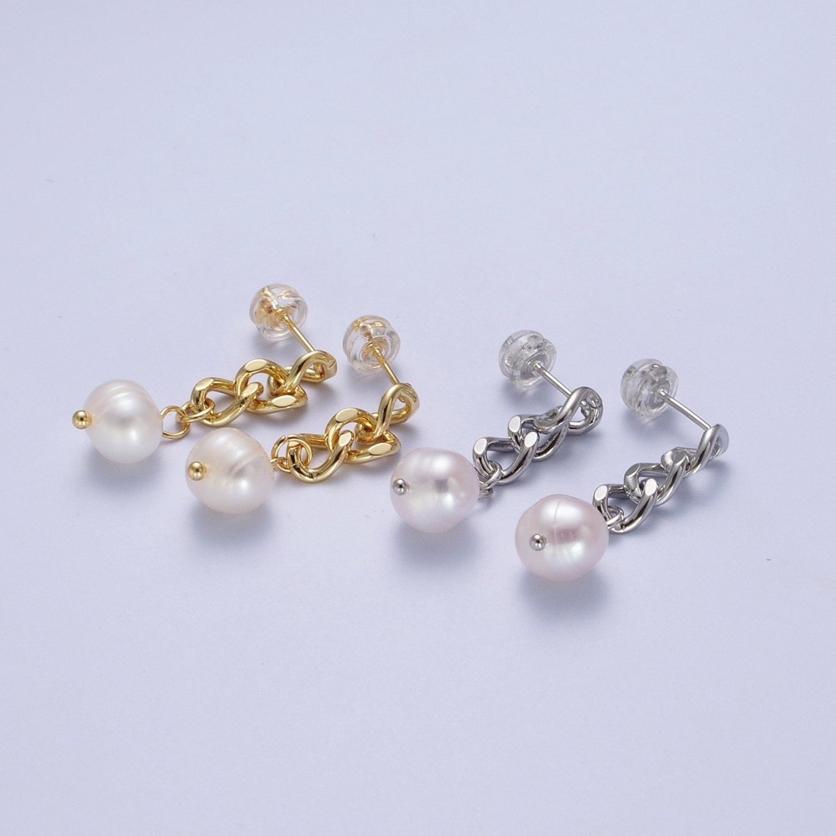 Pearl Dangle Earrings / Chain Earrings Gold Silver Pearl Earrings Stud Earring Curb Chain AE-1082 AE-1083
