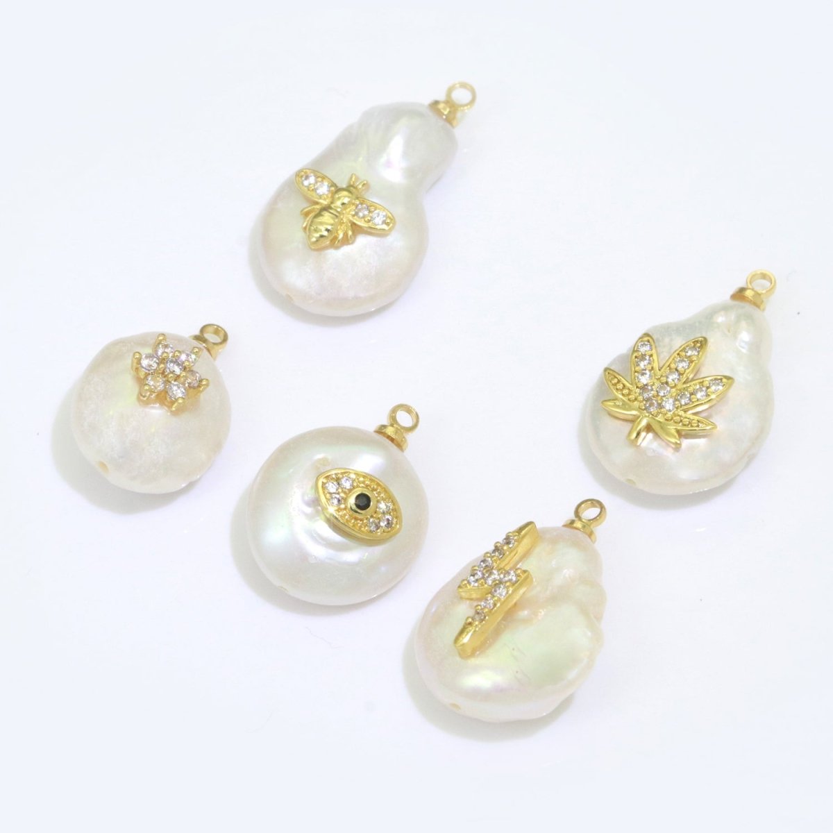Pearl Gold Evil Eye Charm, Bee, Thunder, Weed, Star Charm Dainty Pear Freeform Pearl Jewelry for Amulet Pendant Jewelry Supply P-1826 P-1827