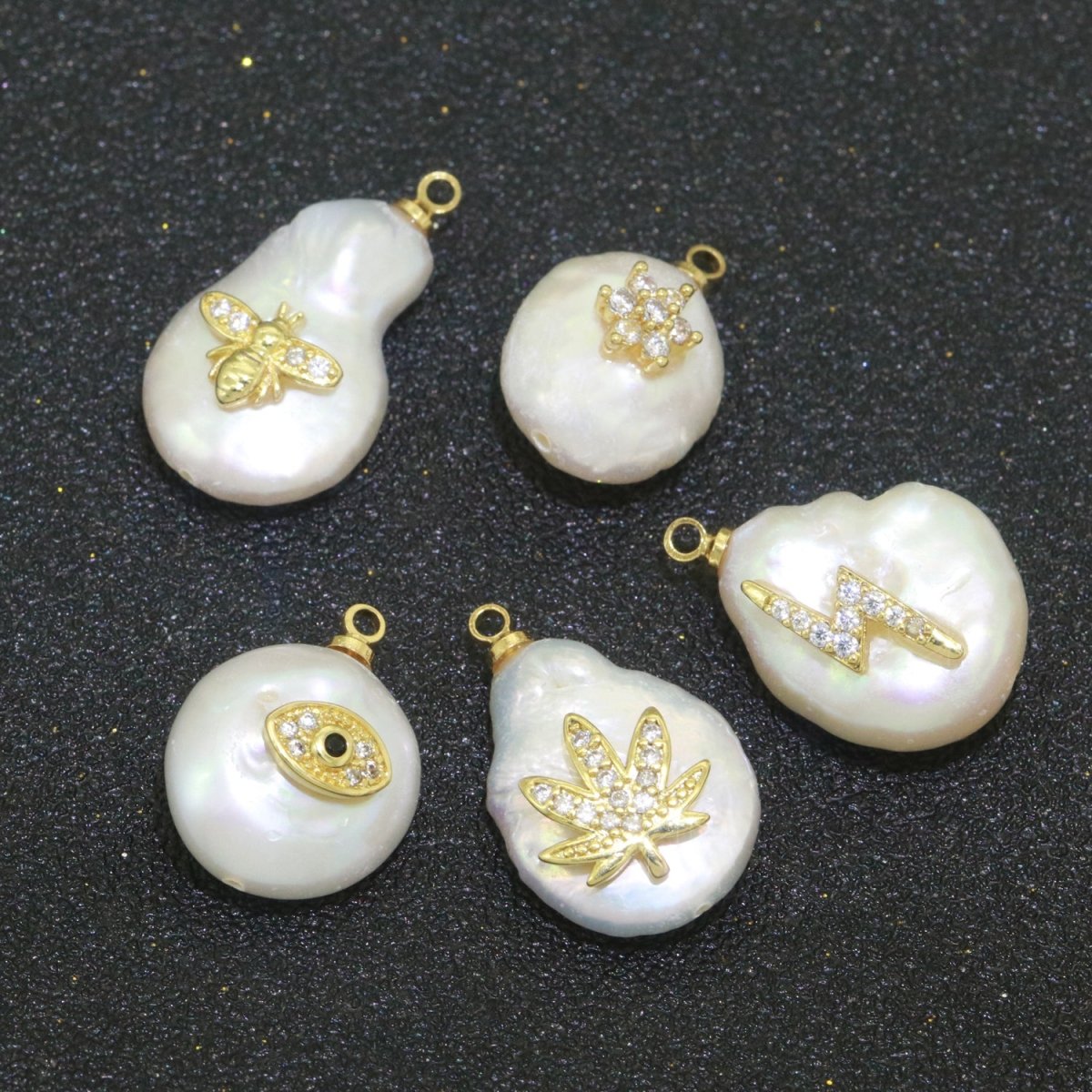 Pearl Gold Evil Eye Charm, Bee, Thunder, Weed, Star Charm Dainty Pear Freeform Pearl Jewelry for Amulet Pendant Jewelry Supply P-1826 P-1827