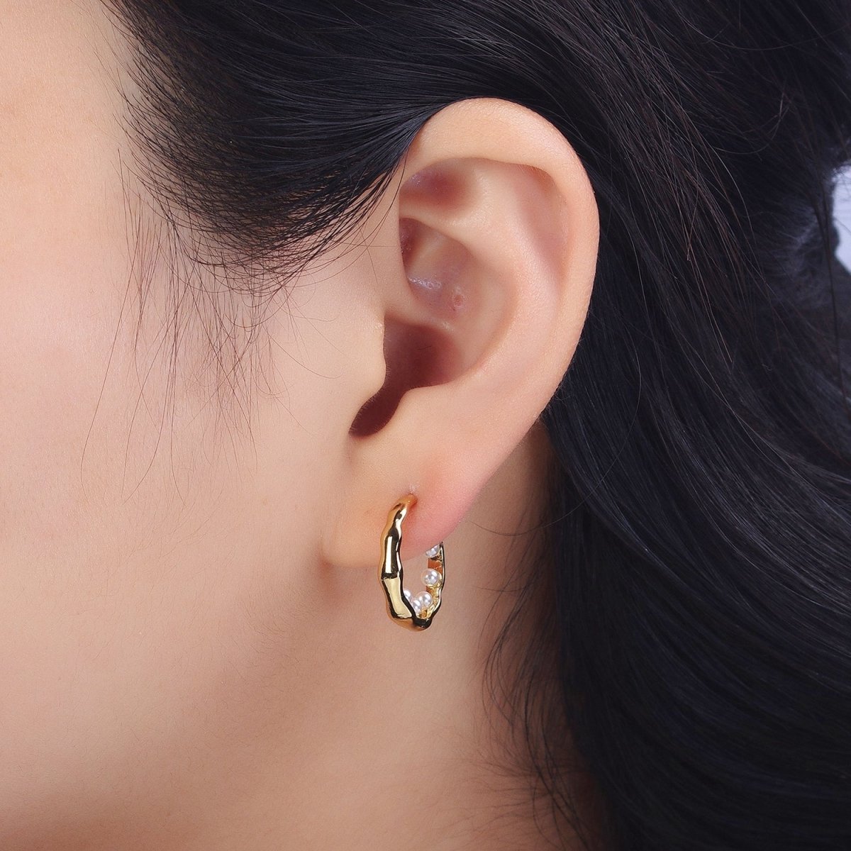 Pearl Hoop Earrings| Irregular Gold Hoop Earrings| Textured Hoop Earrings| Abstract Wavy Earrings Modern Statement Earrings AB195 - DLUXCA