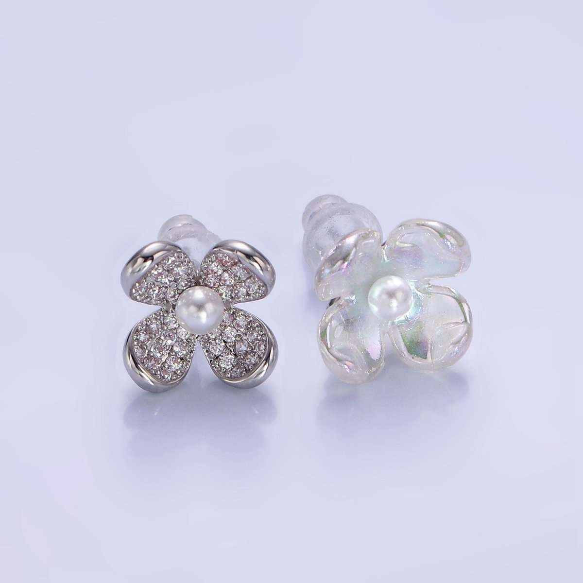Pearl Micro Paved CZ AB Iridescent Acrylic Flower Stud Earrings Set in Gold & Silver | V496 V497