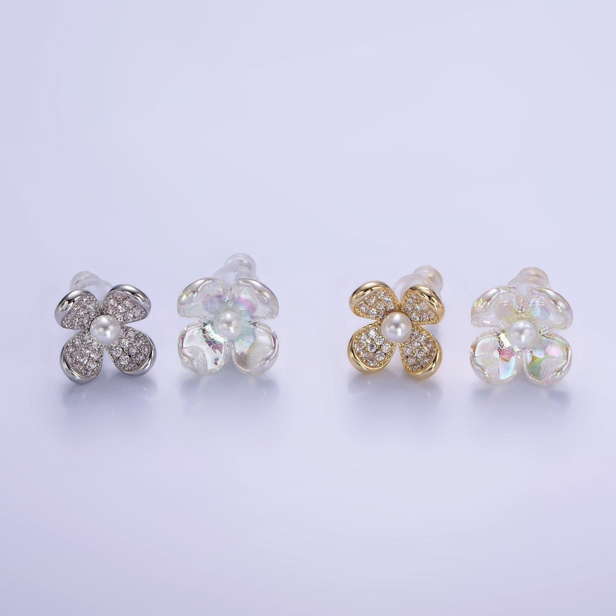 Pearl Micro Paved CZ AB Iridescent Acrylic Flower Stud Earrings Set in Gold & Silver | V496 V497