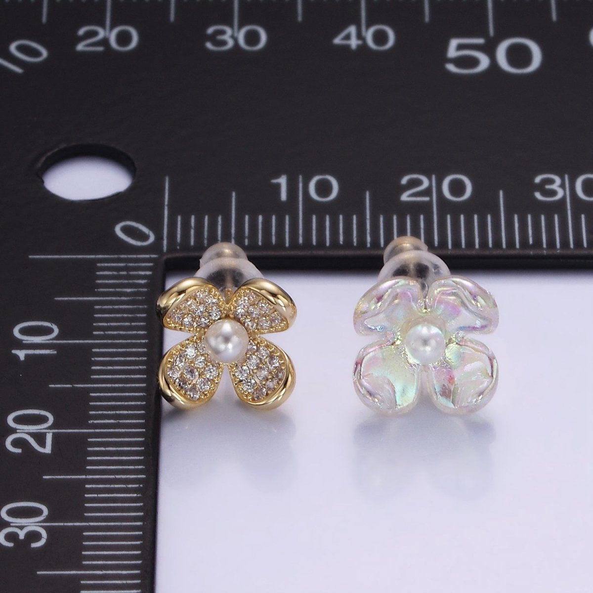 Pearl Micro Paved CZ AB Iridescent Acrylic Flower Stud Earrings Set in Gold & Silver | V496 V497