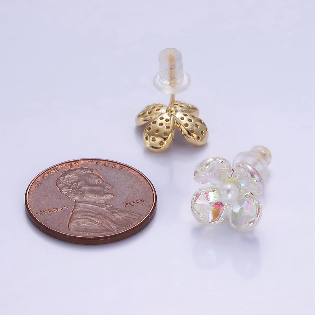 Pearl Micro Paved CZ AB Iridescent Acrylic Flower Stud Earrings Set in Gold & Silver | V496 V497
