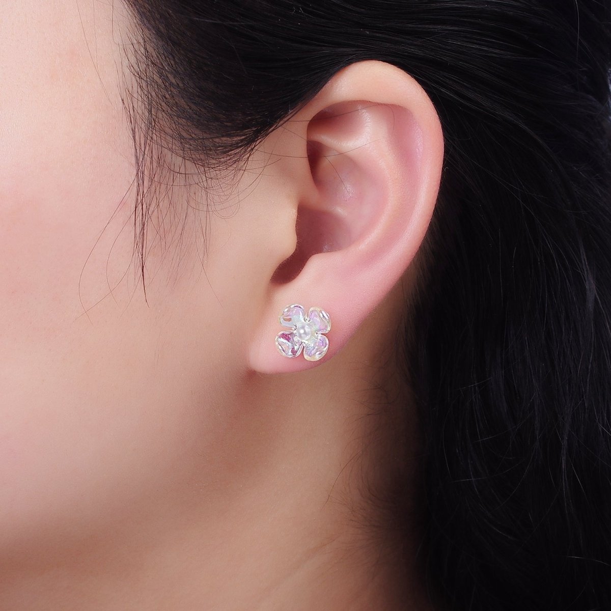 Pearl Micro Paved CZ AB Iridescent Acrylic Flower Stud Earrings Set in Gold & Silver | V496 V497