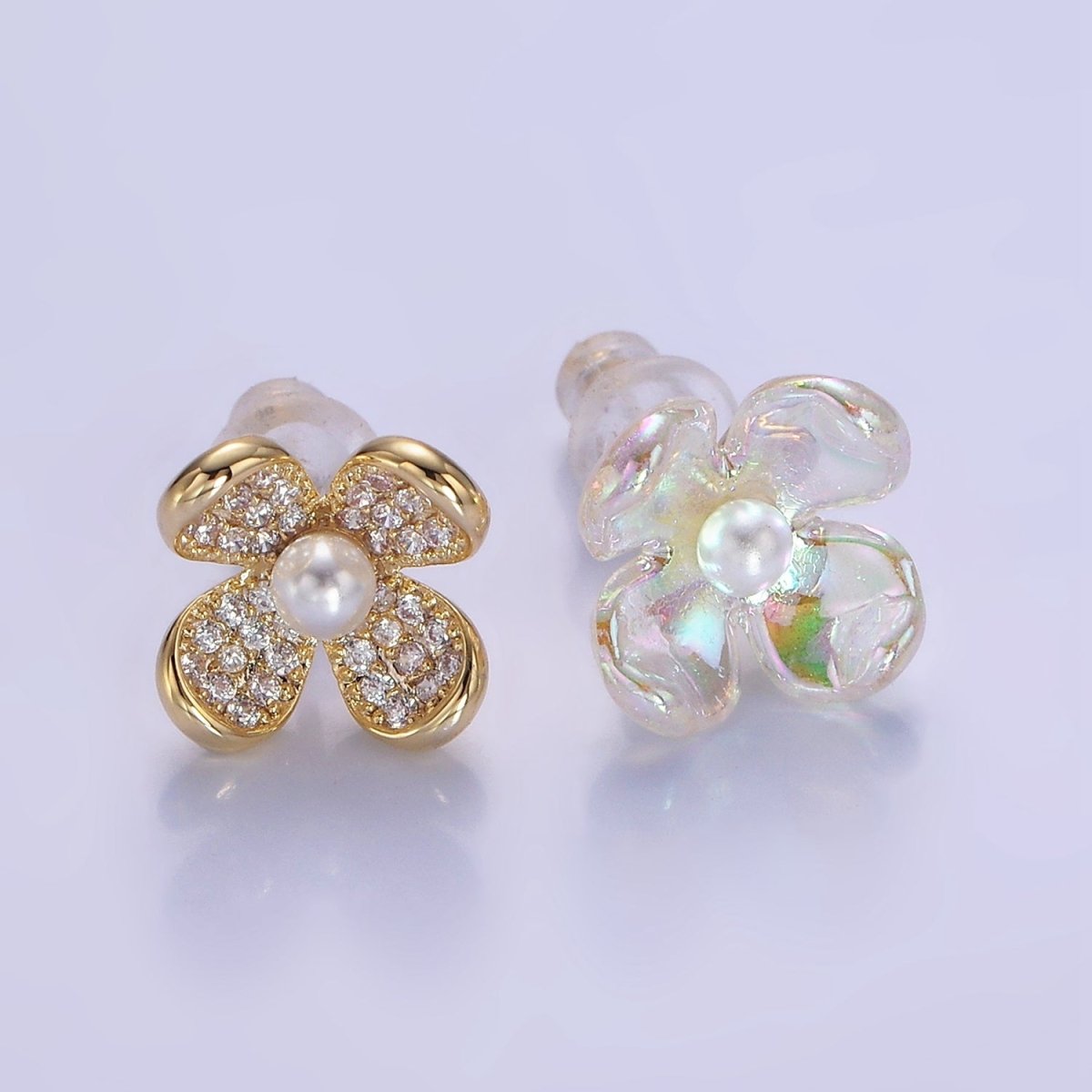 Pearl Micro Paved CZ AB Iridescent Acrylic Flower Stud Earrings Set in Gold & Silver | V496 V497