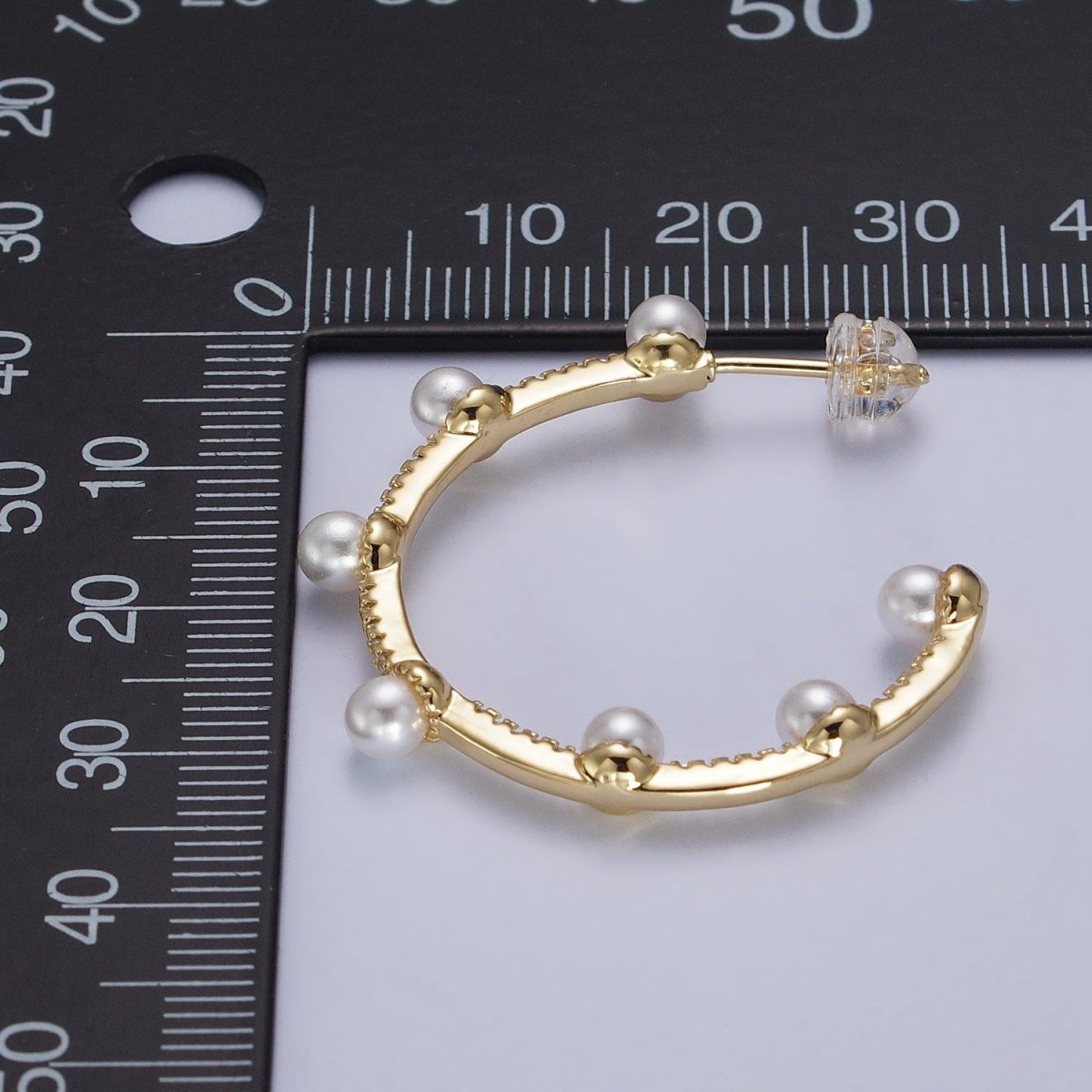 Pearl Micro Paved CZ Lined C-Shaped 32mm Hoop Earrings in Gold & Silver | AB063