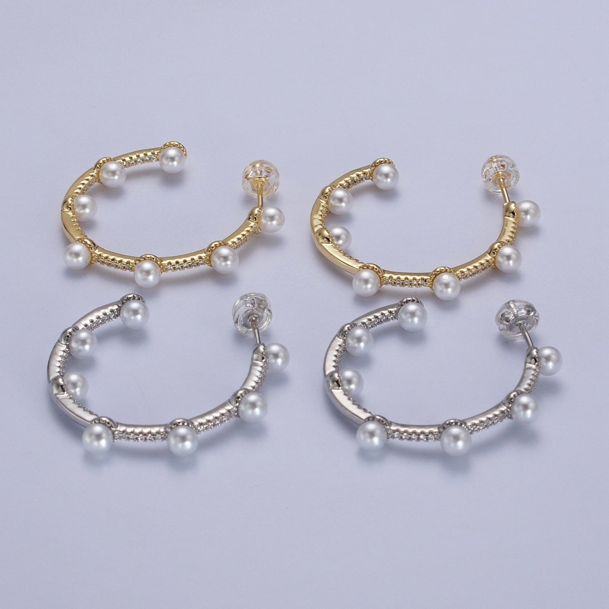 Pearl Micro Paved CZ Lined C-Shaped 32mm Hoop Earrings in Gold & Silver | AB063