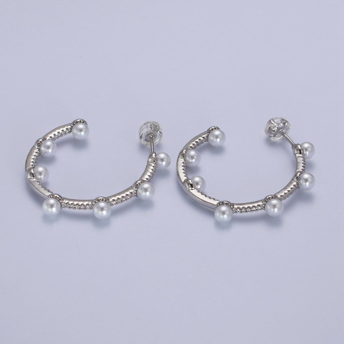 Pearl Micro Paved CZ Lined C-Shaped 32mm Hoop Earrings in Gold & Silver | AB063