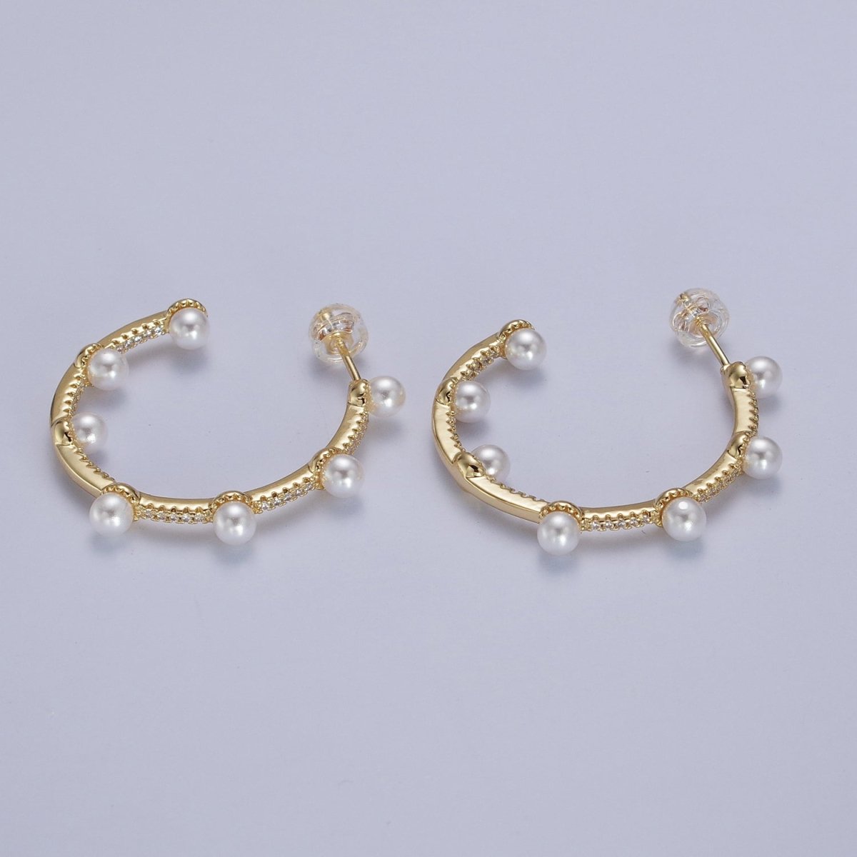 Pearl Micro Paved CZ Lined C-Shaped 32mm Hoop Earrings in Gold & Silver | AB063