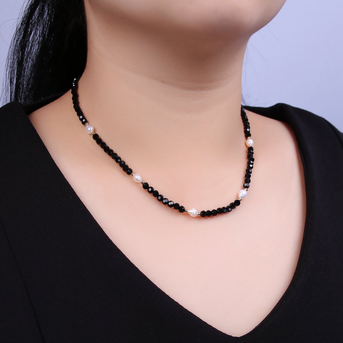Pearl with Black Glass Beaded Necklace, Black Faceted Rondell Beads Necklace | WA-604 Clearance Pricing - DLUXCA