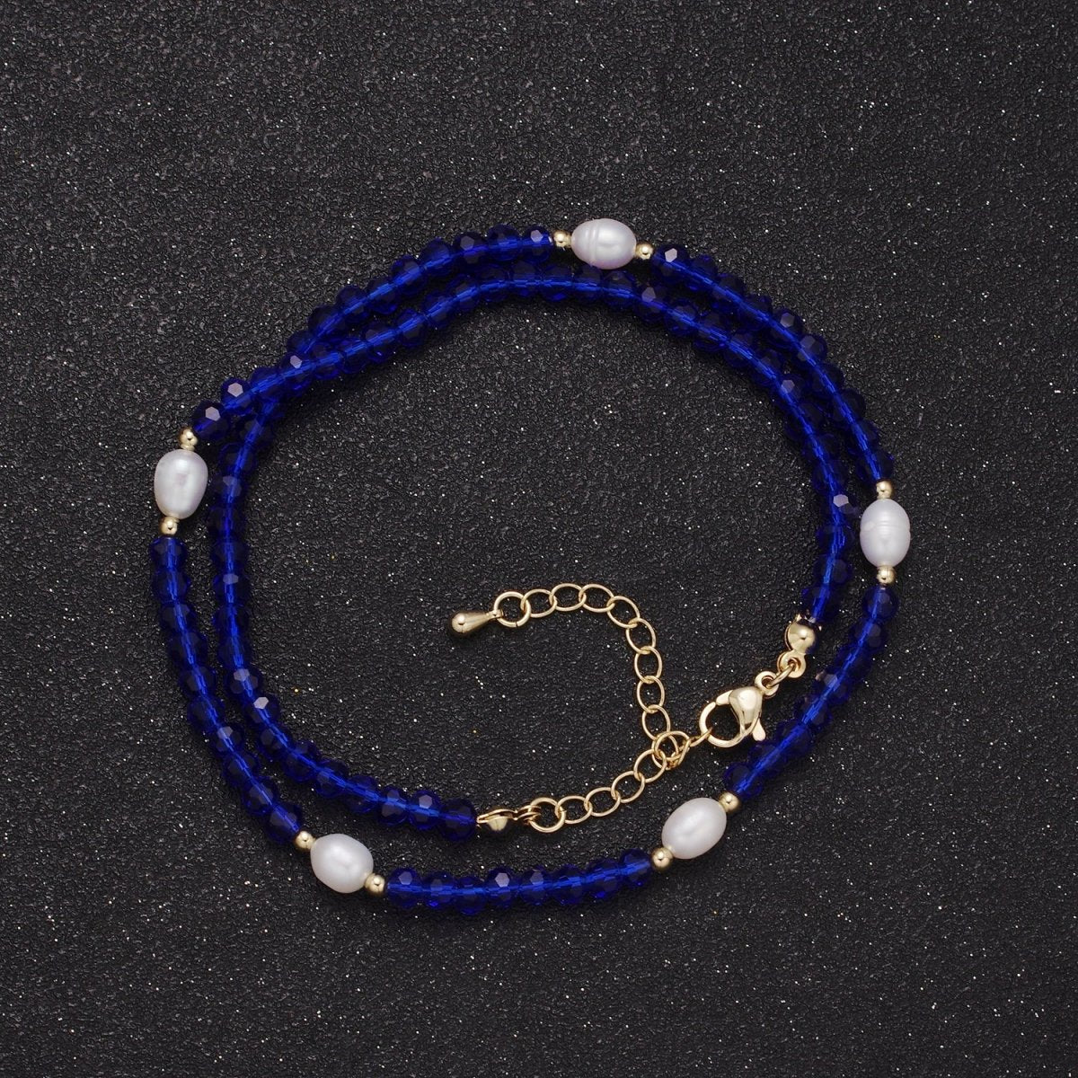 Pearl with Blue Glass Beaded Necklace, Dark Blue Faceted Rondell Beads Necklace | WA-592 Clearance Pricing - DLUXCA