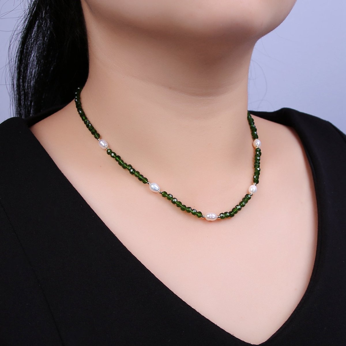 Pearl with Green Glass Beaded Necklace, Green Faceted Rondell Beads Necklace | WA-606 Clearance Pricing - DLUXCA