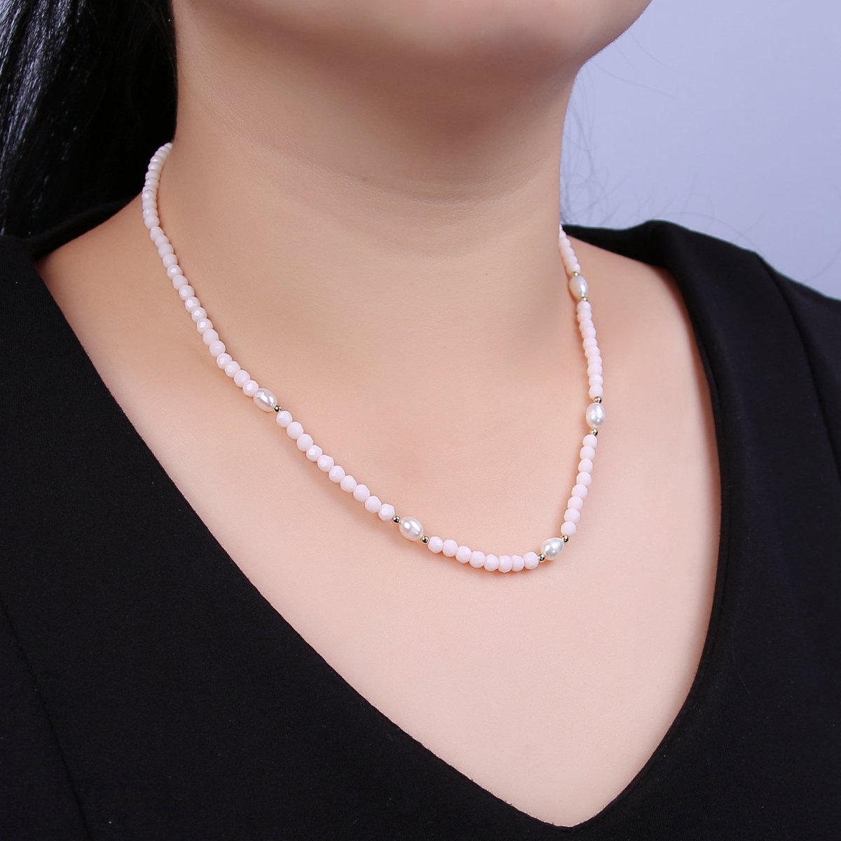 Pearl with Off White Glass Beaded Necklace, White Faceted Rondell Beads Necklace | WA-608 Clearance Pricing - DLUXCA