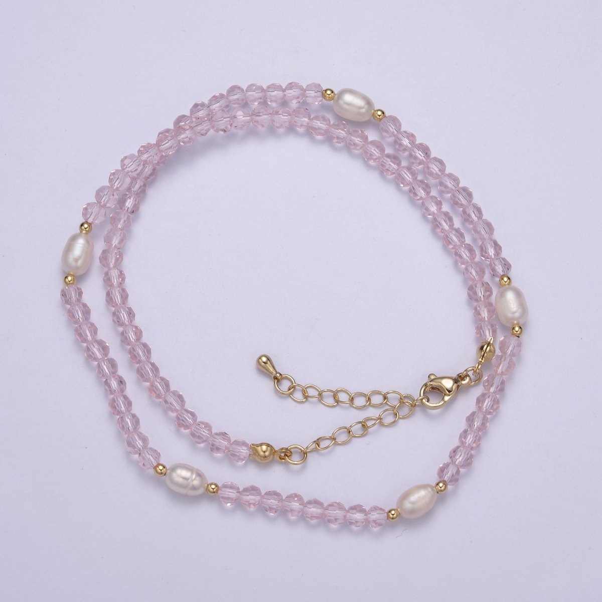 Pearl with Pink Glass Beaded Necklace, Rose Quartz Faceted Rondelle Beads Necklace | WA-586 Clearance Pricing - DLUXCA