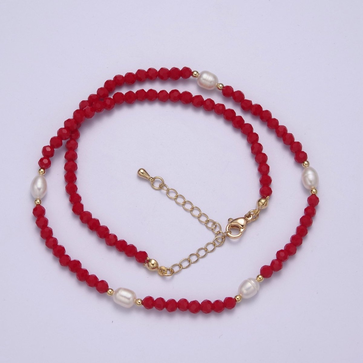 Pearl with Red Glass Beaded Necklace, Red Faceted Rondell Beads Necklace | WA-590 Clearance Pricing - DLUXCA