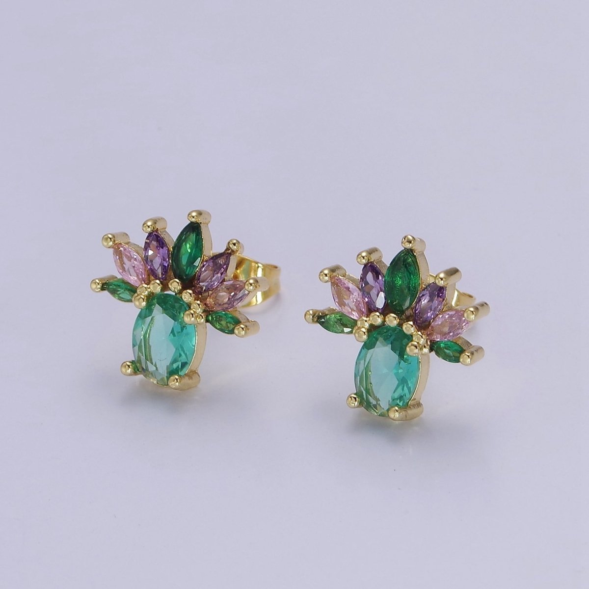 Pineapple Stud Earrings Oval Marquise Cubic Zirconia Women Mint Aqua Green CZ V-114 - DLUXCA