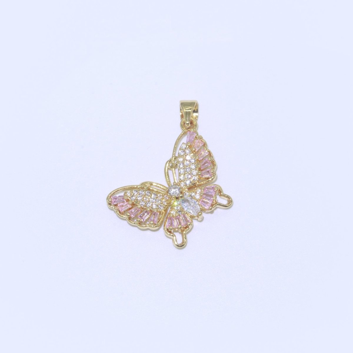 Pink 14k Gold Filled Micro Pave CZ Butterfly Pendant Charm Dangle Mariposa Monarch Animal Pendant Charm Baguette for Necklace J-904