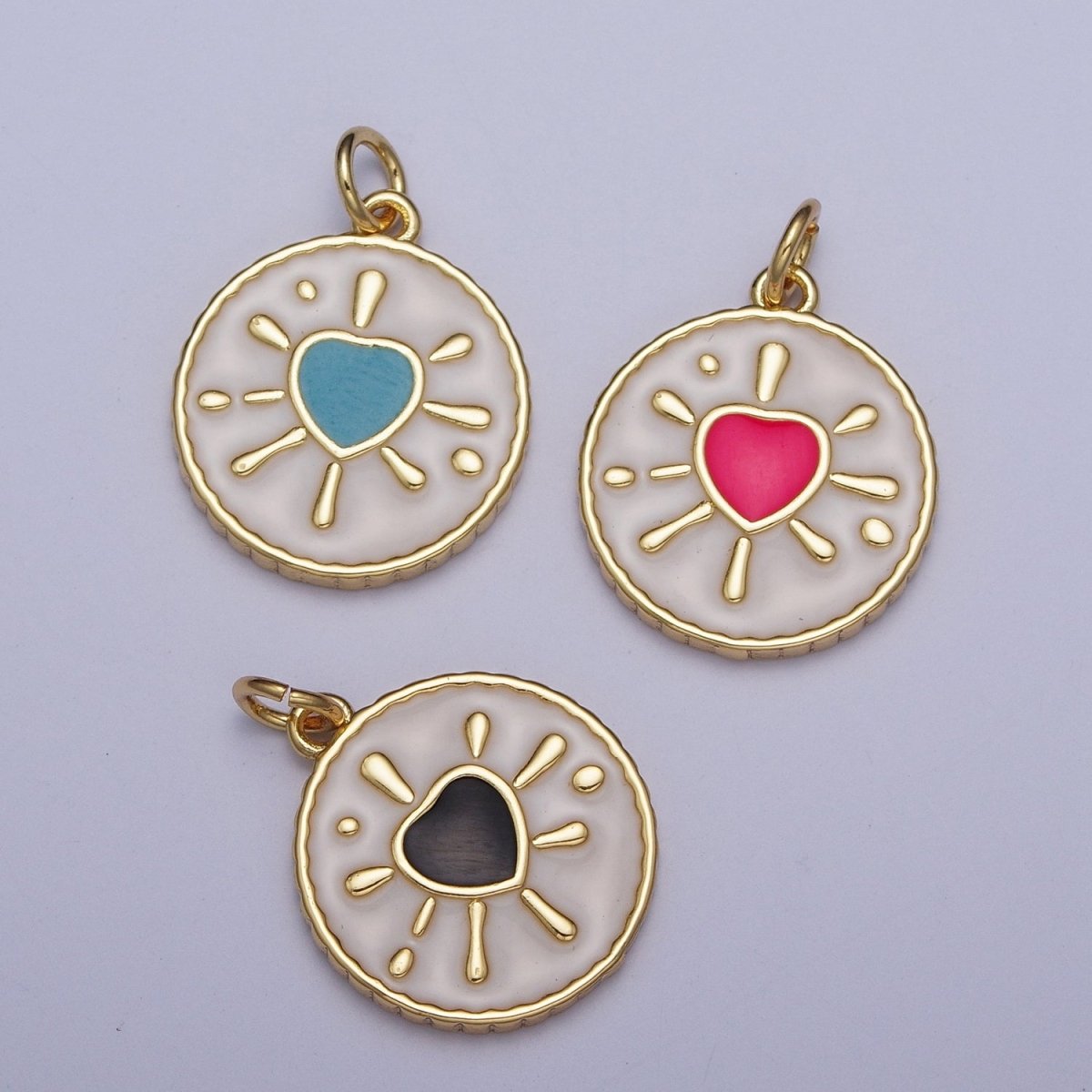 Pink, Black, Blue Splattered Heart White Enamel Gold Round Medallion Charm | AG-021 AG-022 AG-023
