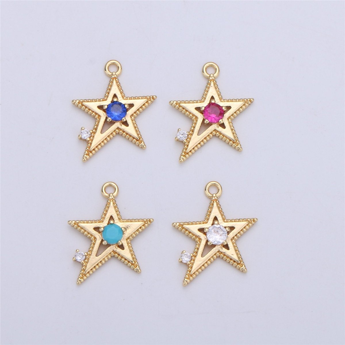 Pink Blue Clear Cubic star charm, 1 piece, 13x16mm 16K gold plated brass, CZ, Nickel free, Rock Star charm for Necklace Earring  I-331