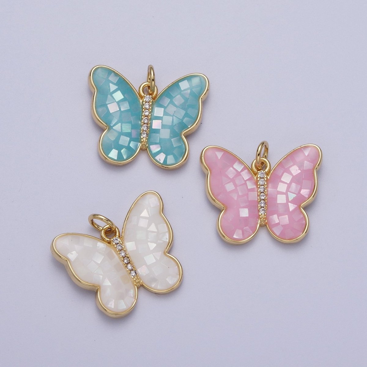 Pink, Blue, White Opal Micro Paved CZ Butterfly Mariposa Gold Charm | C-217 E-050 E-860