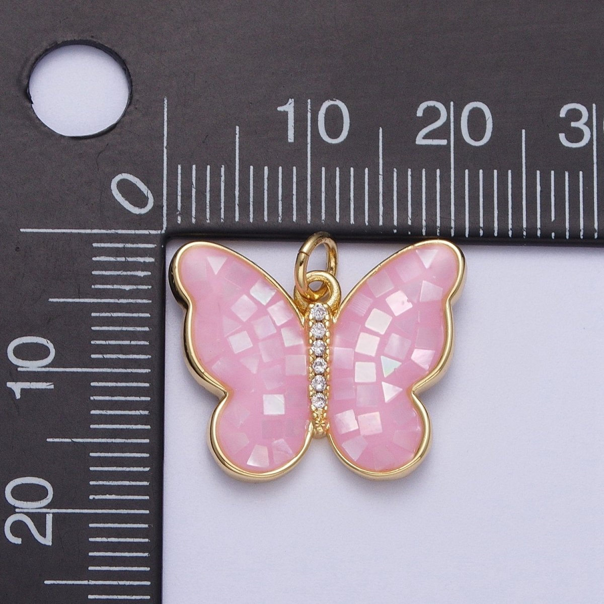 Pink, Blue, White Opal Micro Paved CZ Butterfly Mariposa Gold Charm | C-217 E-050 E-860