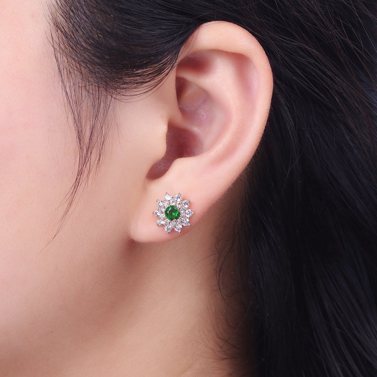 Pink, Clear, Green Celestial Star Flower CZ Stud Earrings | AB025 AB026 AB027