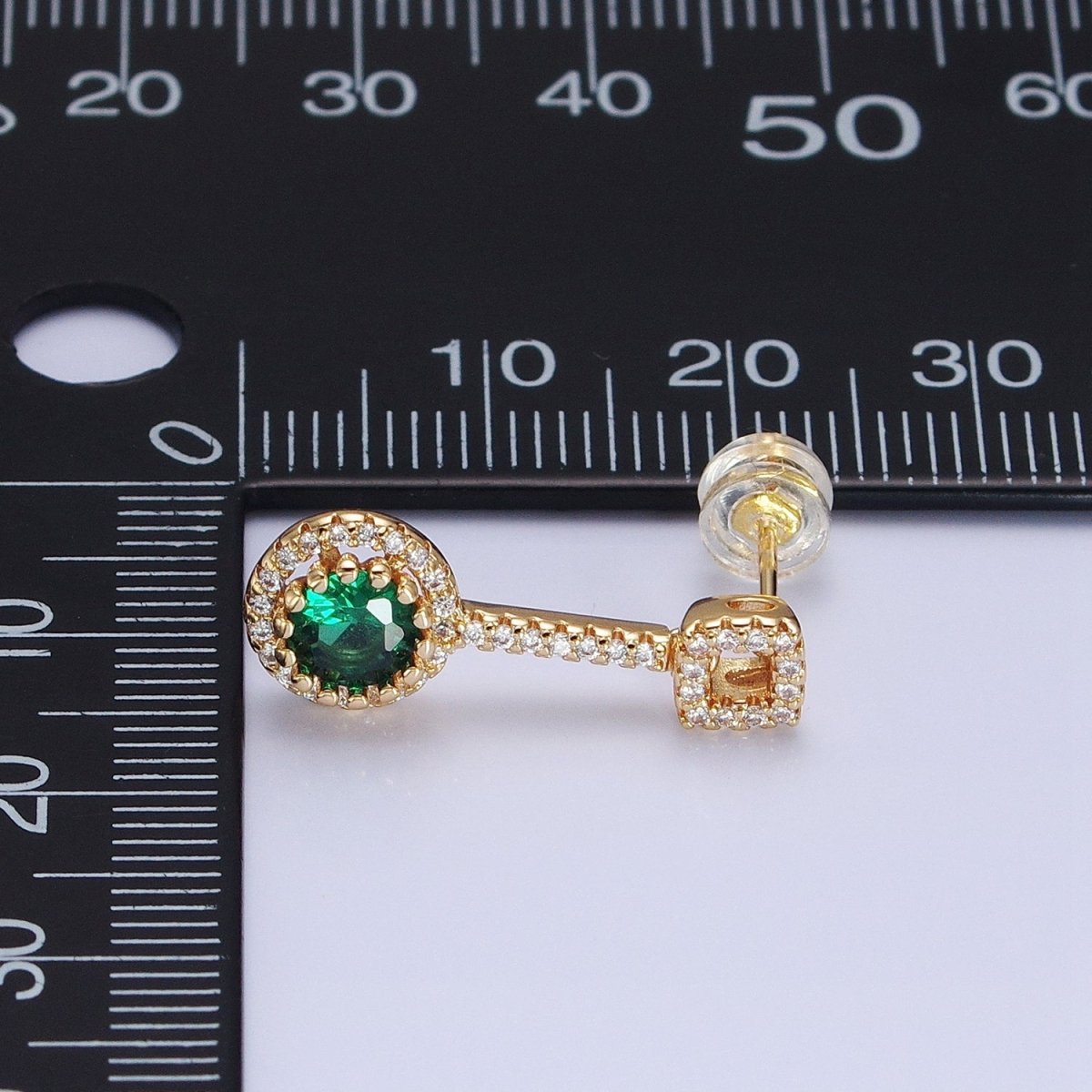 Pink, Clear, Green, Purple, Blue, Fuchsia Round Micro Paved CZ Linear Drop Stud Earrings in Gold & Silver | AB837 - AB848