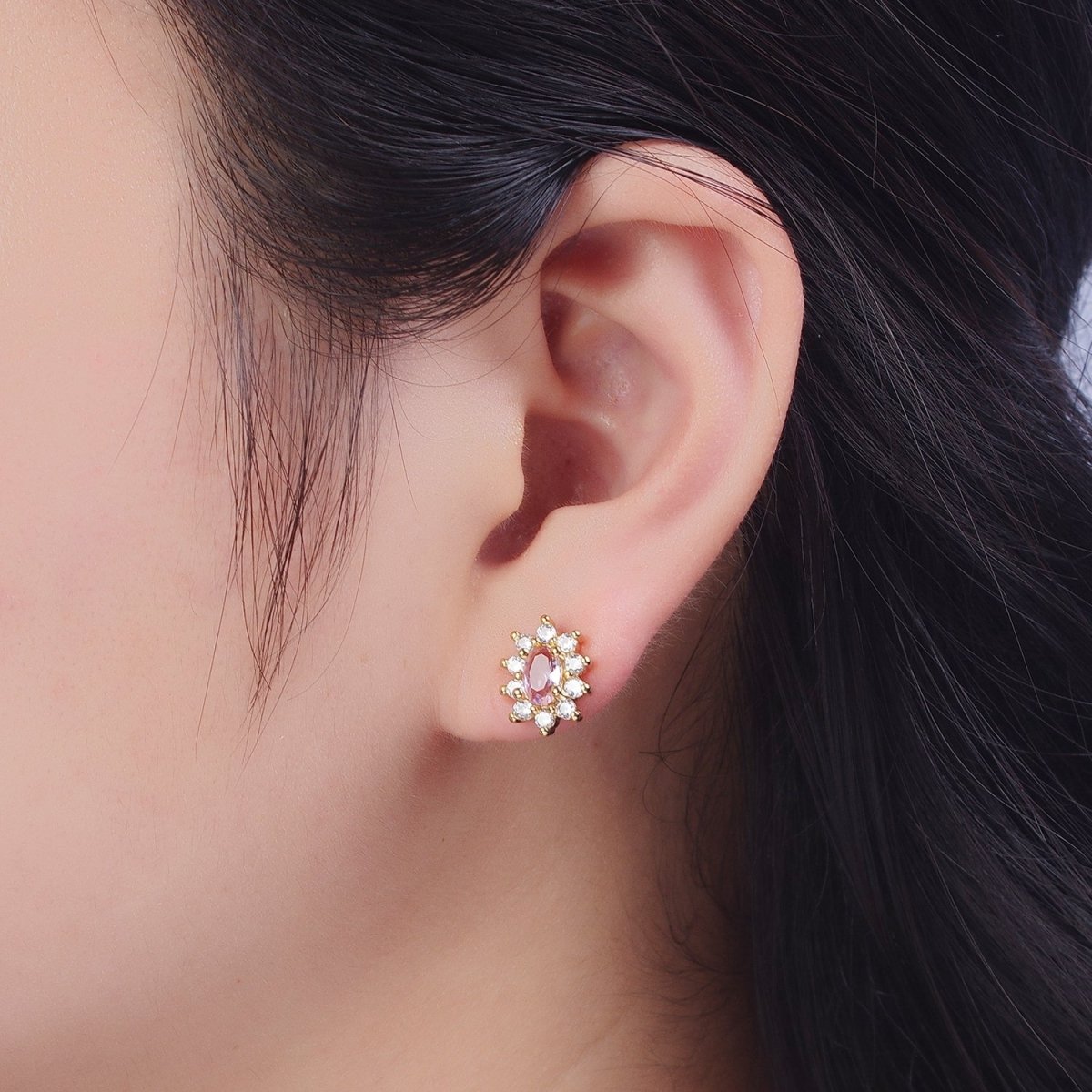 Pink & Clear Oval Cubic Zirconia Celestial Sun Burst Gold Stud Earrings | X-928 - DLUXCA