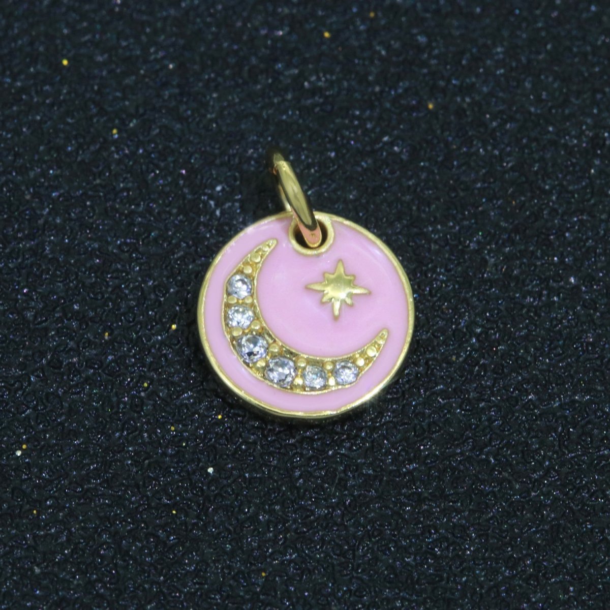 Pink Enamel Gold moon charms ,cubic moon pendants, Celestial charm, medallion charm, moon and star pendant in 14k Gold Filled M-541 M-758