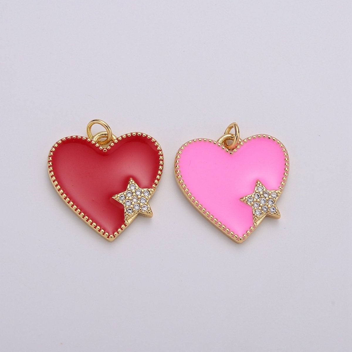 14K Gold Filled Red, Pink Enamel Heart Micro Paved CZ Star Charm | C573 C574