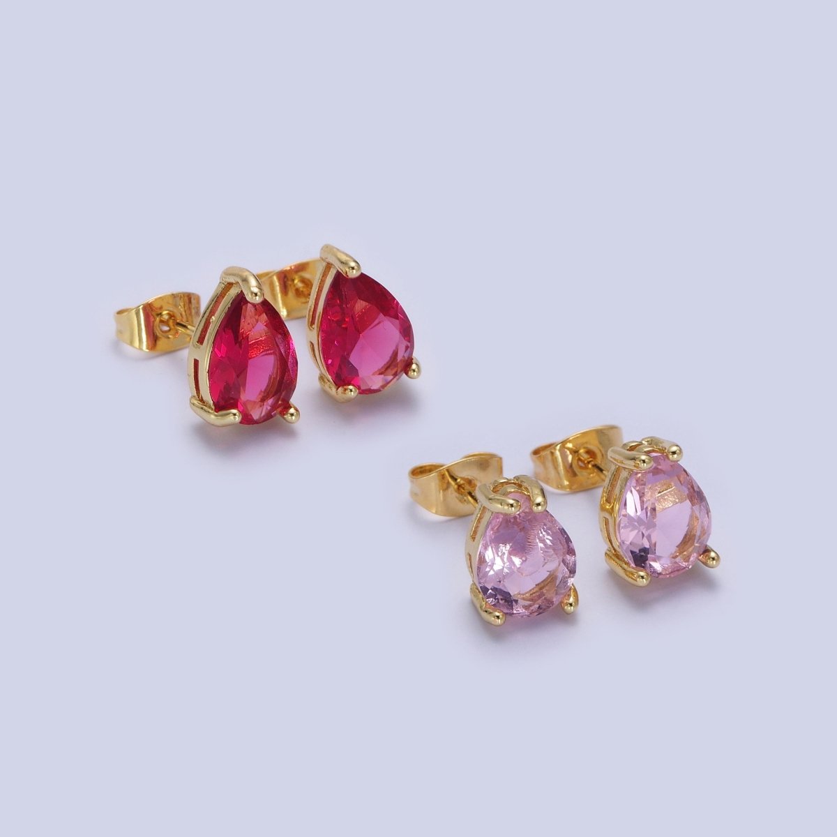 Pink / Fuchsia Teardrop Cubic Zirconia Gold Stud Earrings | AD-576 AD-577