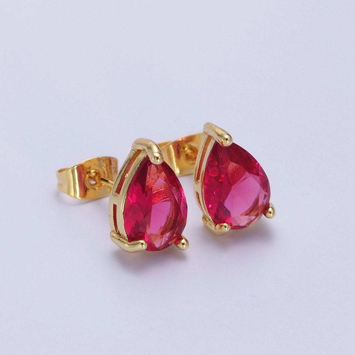 Pink / Fuchsia Teardrop Cubic Zirconia Gold Stud Earrings | AD-576 AD-577