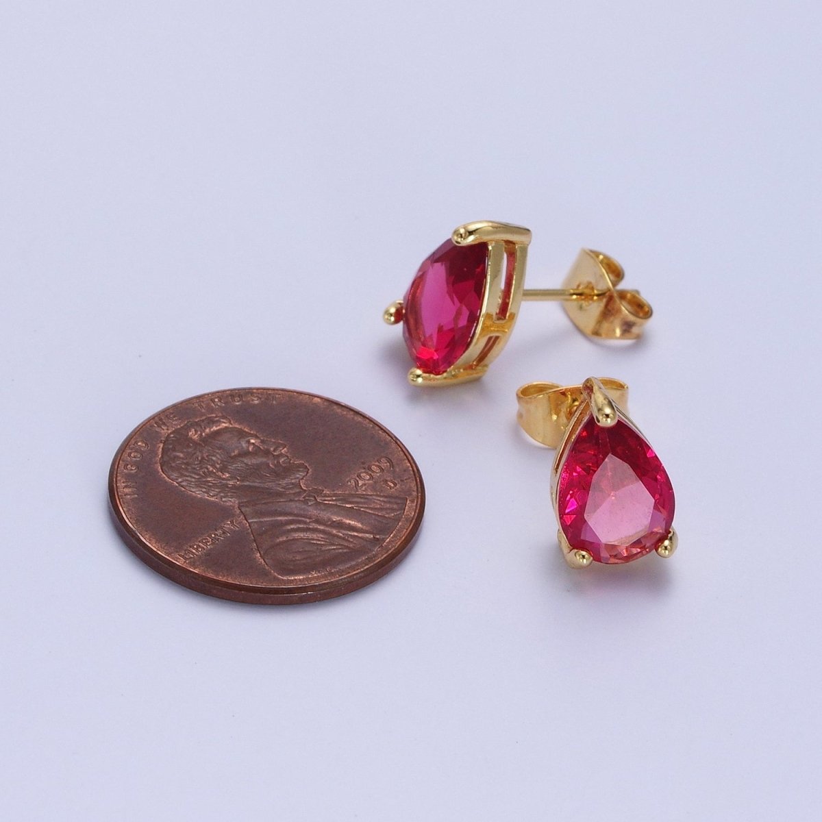 Pink / Fuchsia Teardrop Cubic Zirconia Gold Stud Earrings | AD-576 AD-577
