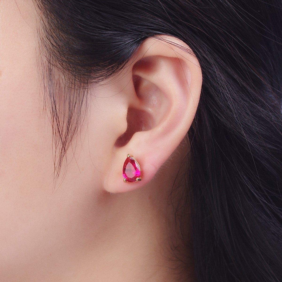 Pink / Fuchsia Teardrop Cubic Zirconia Gold Stud Earrings | AD-576 AD-577