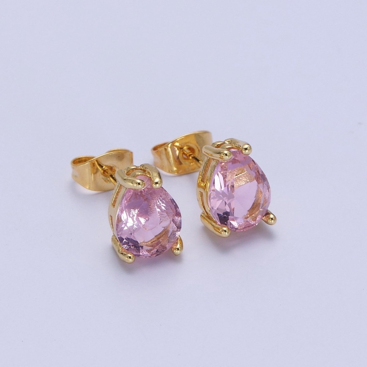 Pink / Fuchsia Teardrop Cubic Zirconia Gold Stud Earrings | AD-576 AD-577
