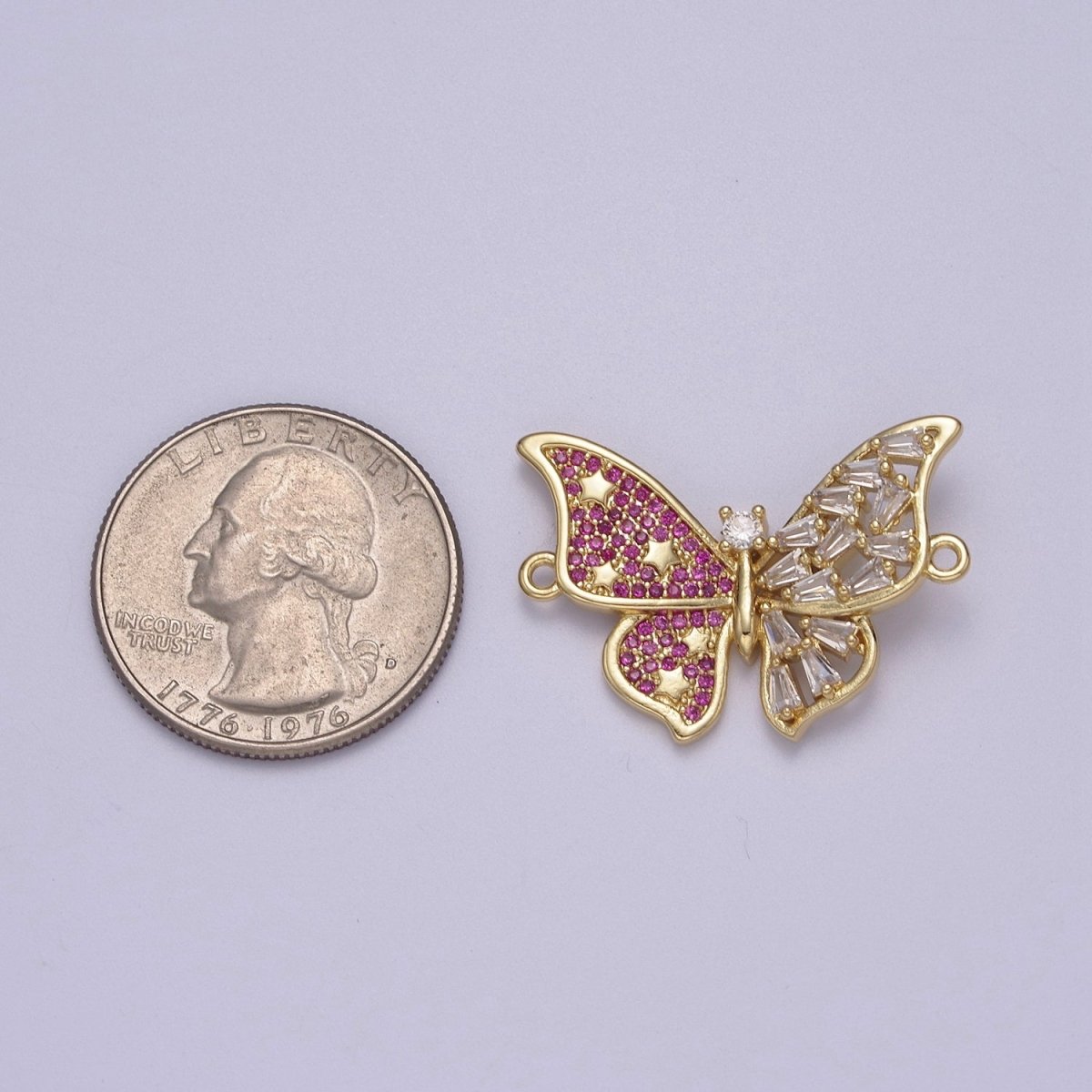 Pink Gold Butterfly Clear CZ Micro Pave Charm Connector Baguette Cluster Link Connector F-057 - DLUXCA