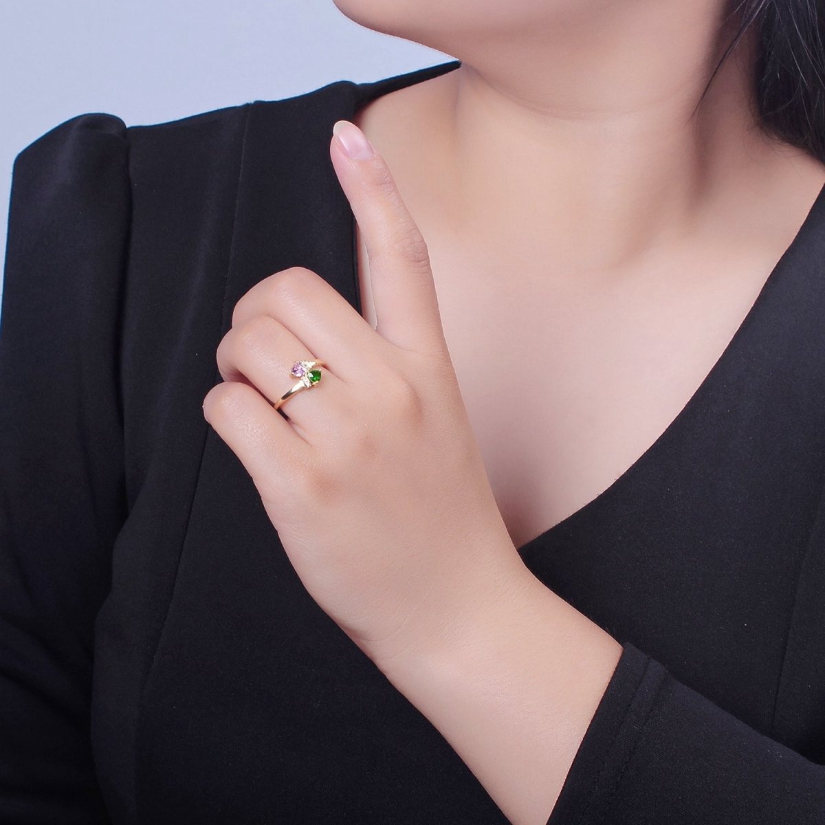 Pink Green Cz Stone Ring Dainty Ring O-2142 - DLUXCA