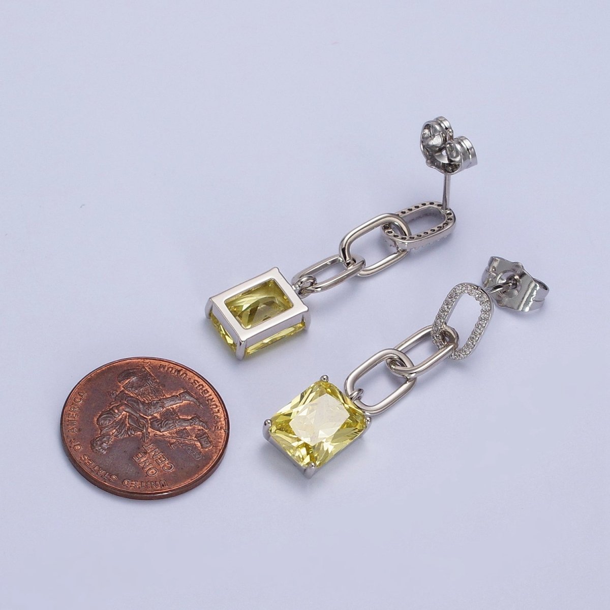 Pink, Green, Yellow, Clear Baguette CZ Paper Clip Drop Silver Stud Earrings | AB216 - AB219