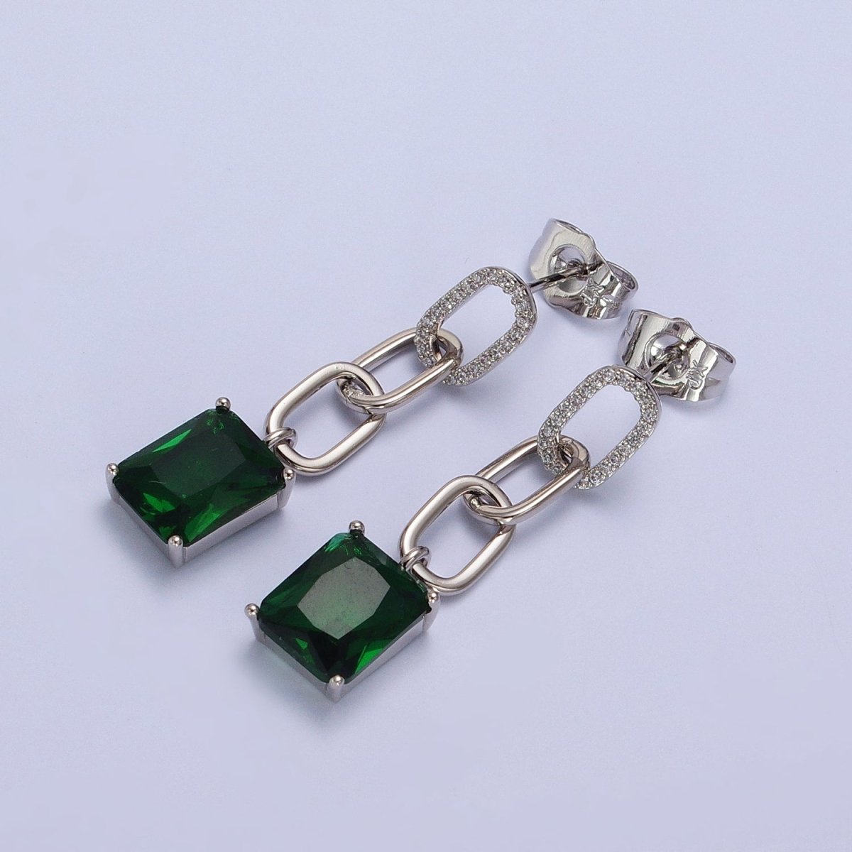 Pink, Green, Yellow, Clear Baguette CZ Paper Clip Drop Silver Stud Earrings | AB216 - AB219
