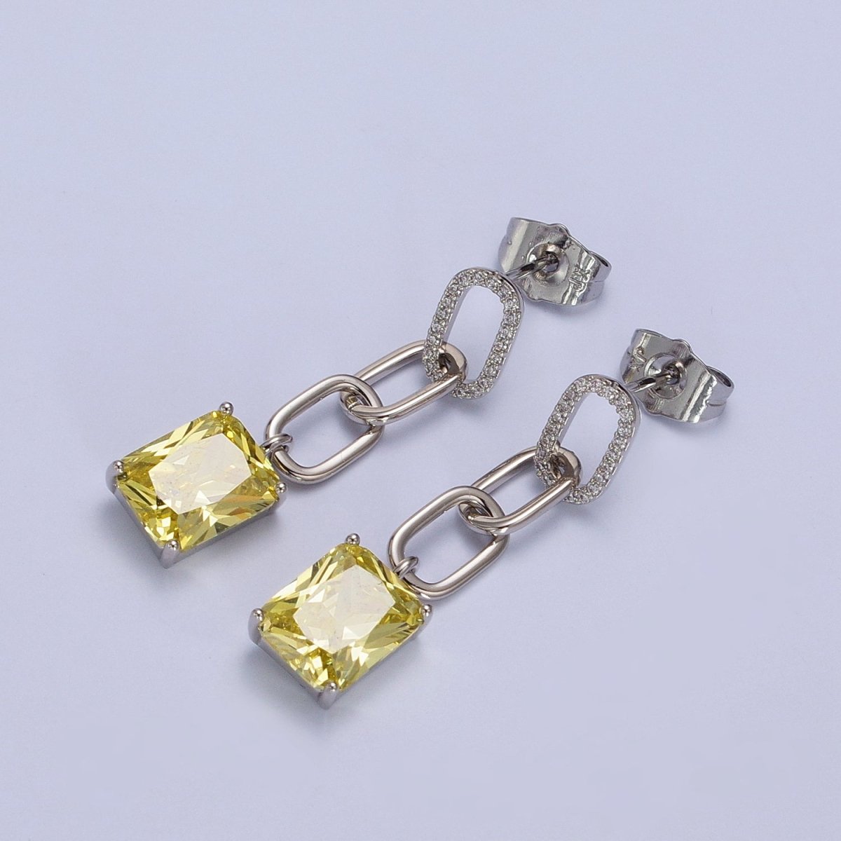 Pink, Green, Yellow, Clear Baguette CZ Paper Clip Drop Silver Stud Earrings | AB216 - AB219