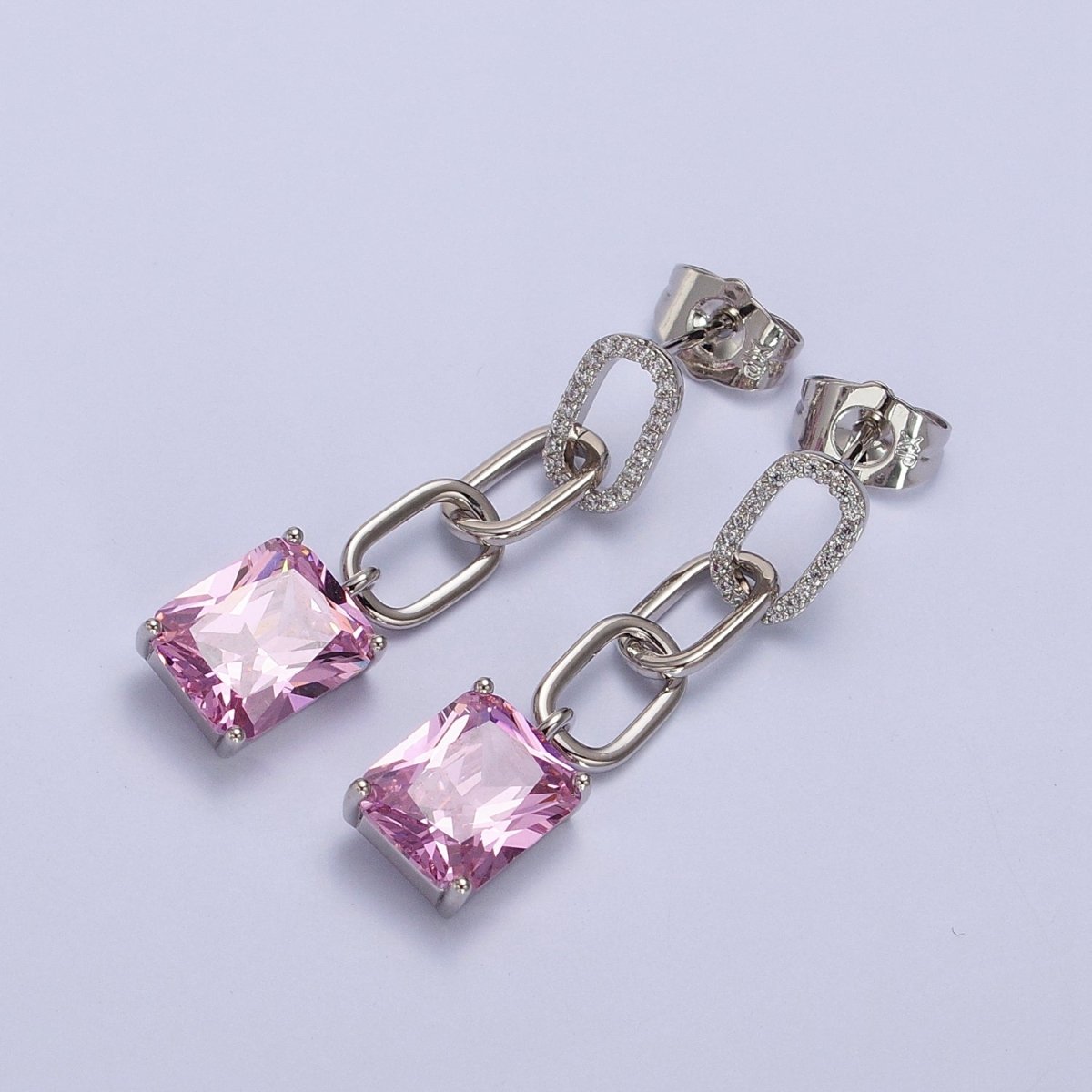Pink, Green, Yellow, Clear Baguette CZ Paper Clip Drop Silver Stud Earrings | AB216 - AB219