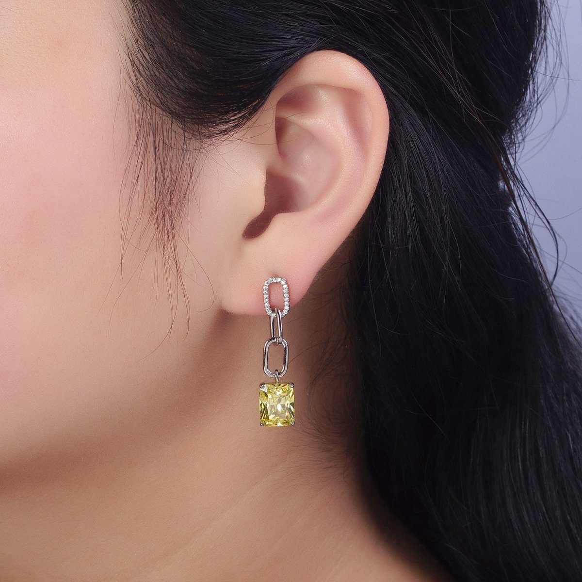 Pink, Green, Yellow, Clear Baguette CZ Paper Clip Drop Silver Stud Earrings | AB216 - AB219