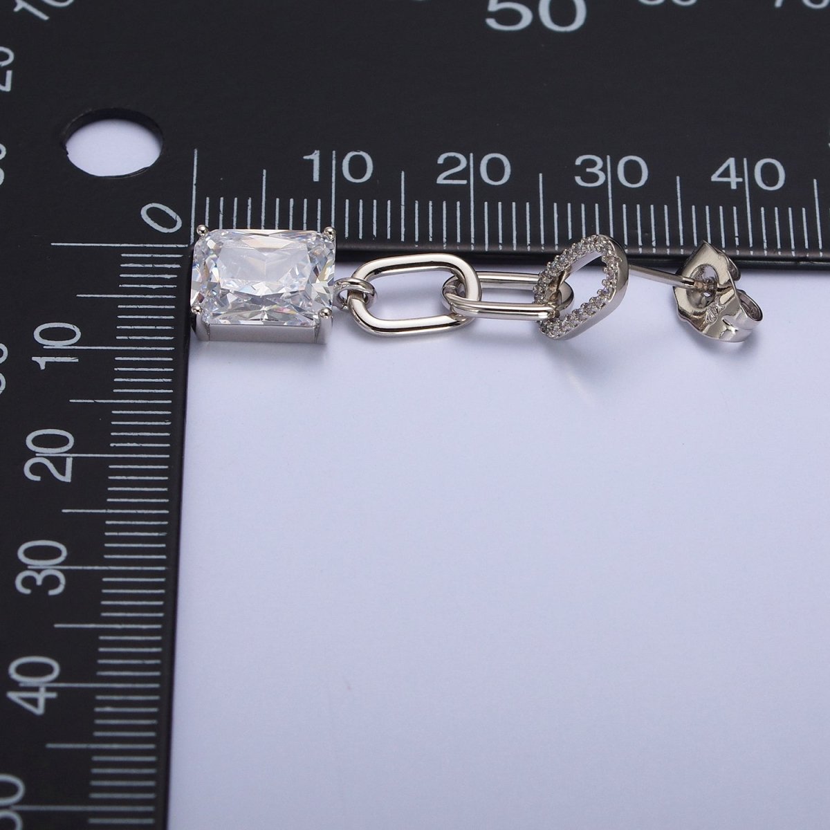 Pink, Green, Yellow, Clear Baguette CZ Paper Clip Drop Silver Stud Earrings | AB216 - AB219