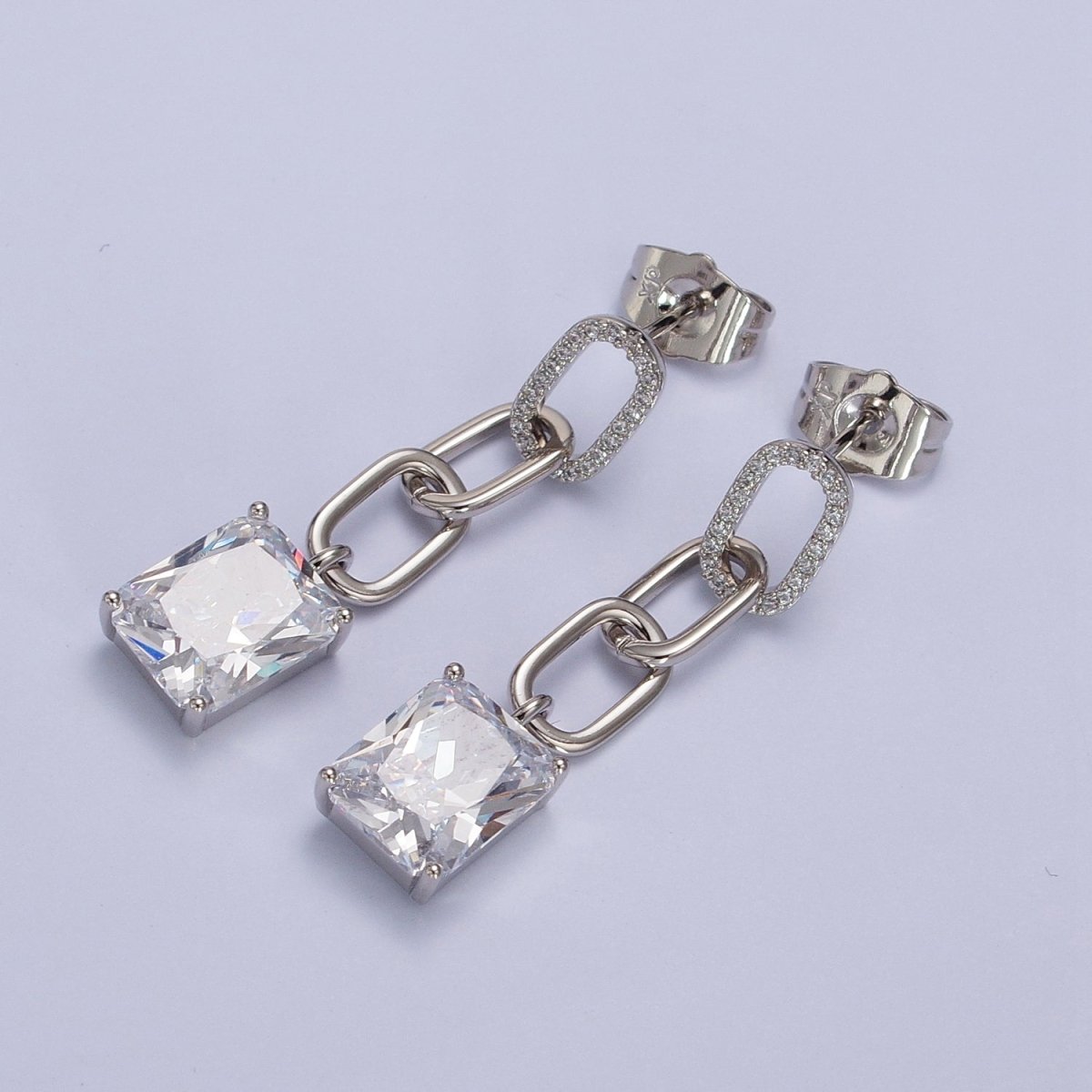 Pink, Green, Yellow, Clear Baguette CZ Paper Clip Drop Silver Stud Earrings | AB216 - AB219