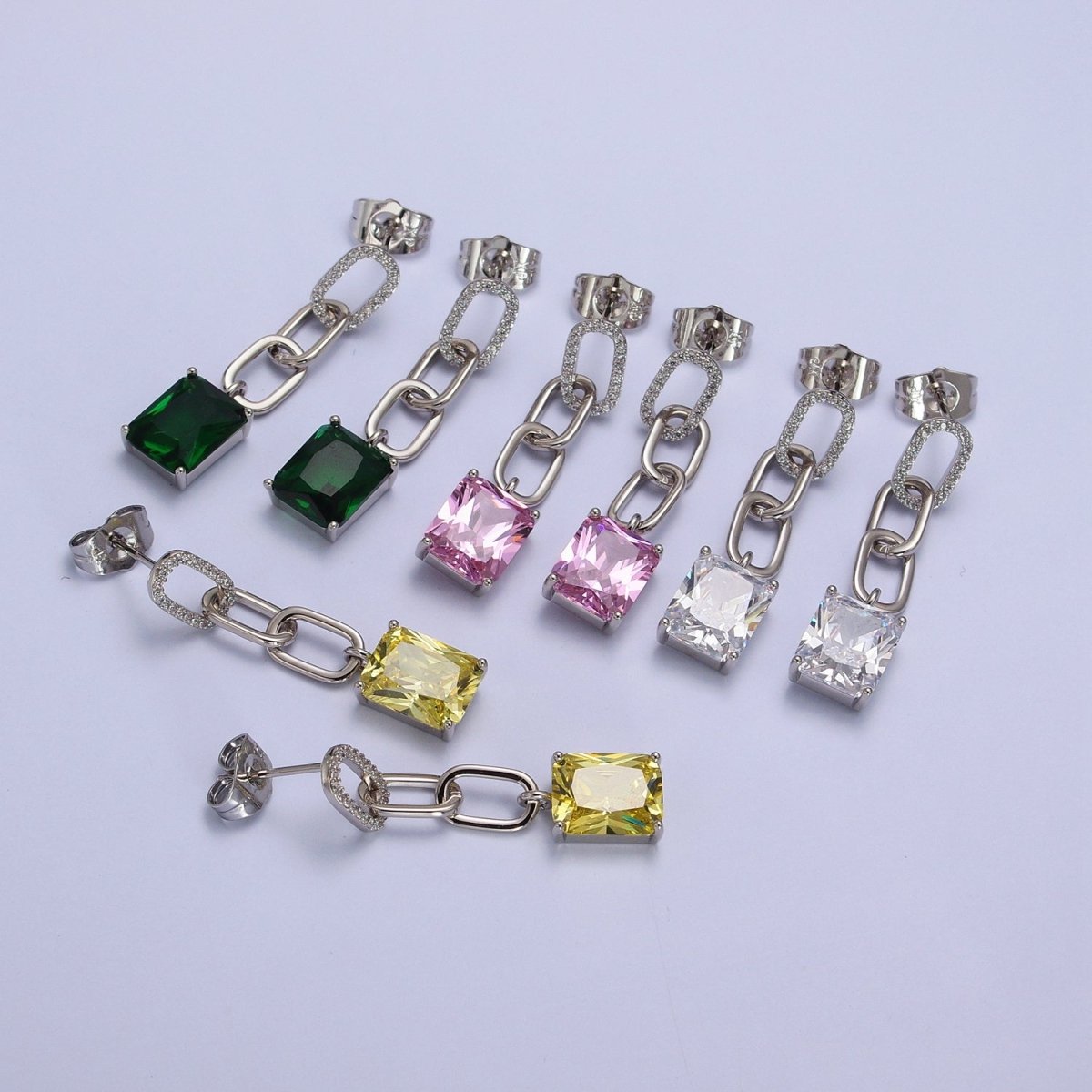 Pink, Green, Yellow, Clear Baguette CZ Paper Clip Drop Silver Stud Earrings | AB216 - AB219