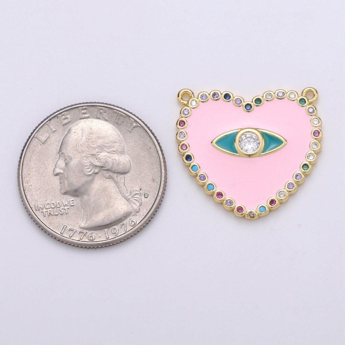 Pink Heart charm w/ Cubic Zirconia, Pink Love Charm, 24K Gold Filled Charm Valentine Pendant Necklace F-529