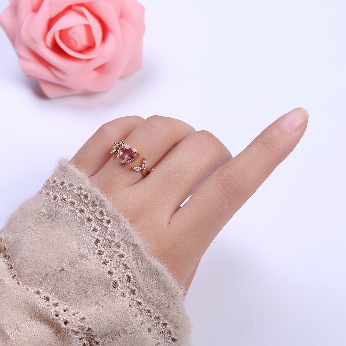 Pink Heart Ring, Gold Kawaii Ring Dainty Ring Open Adjustable Jewelry for Valentine Gift U-364 - DLUXCA