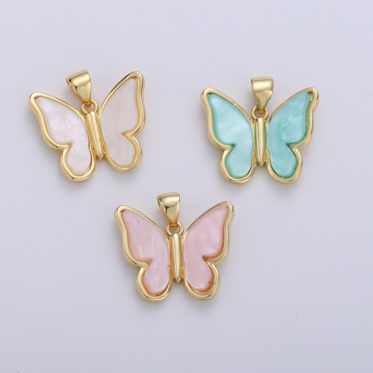 Pink Mariposa Butterfly Charm Pearl Butterfly Charm Acrylic Pendant for Necklace Earring Bracelet Component in Real Gold Plated Tarnish Free I-762~I-764