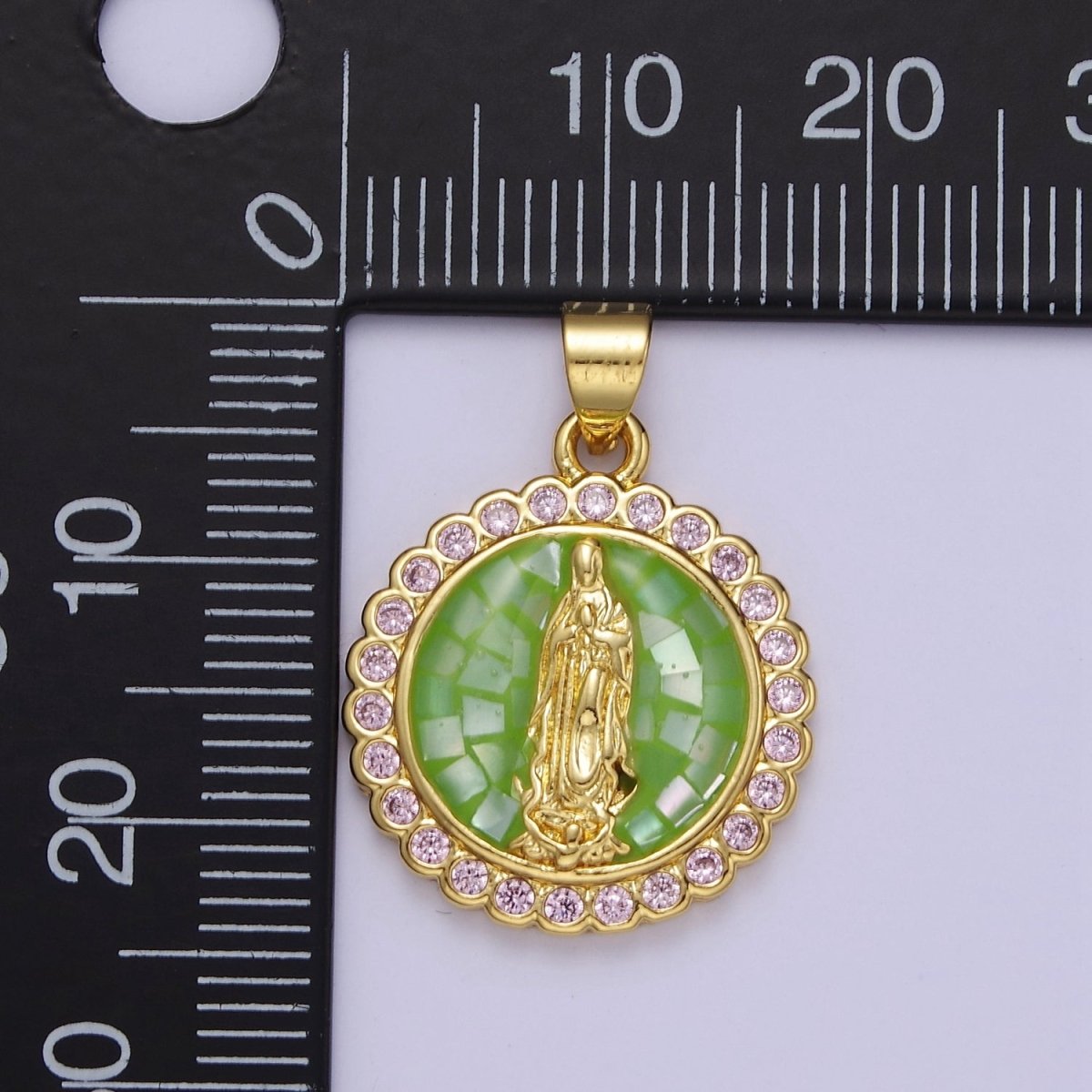 Pink Opal Lady Guadalupe Charm for Necklace, Dainty Coin Virgin Mary Pendant for Religious Jewelry Making Supply in Gold Filled J-494 J-495 J-505 J-509